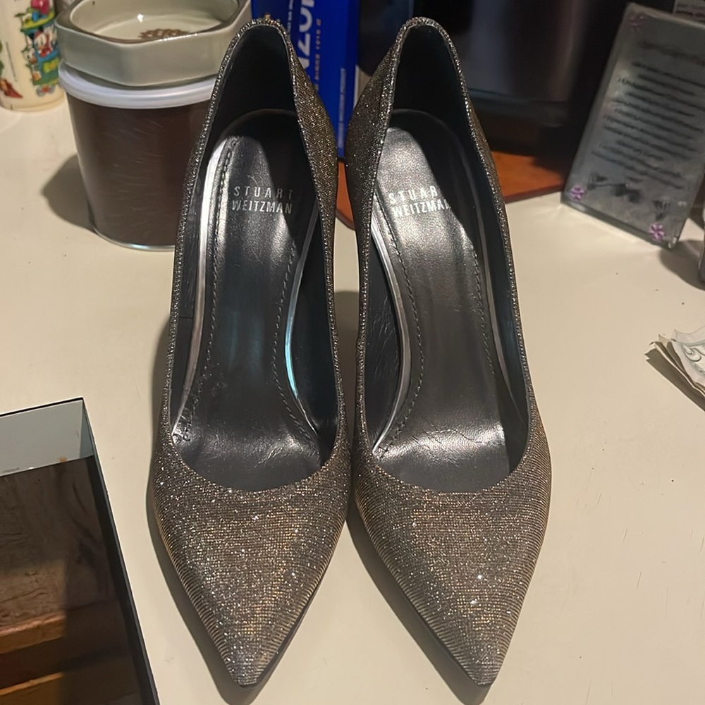 Stuart Weitzman Black-Gold Glitter Pointed-Toe Pumps